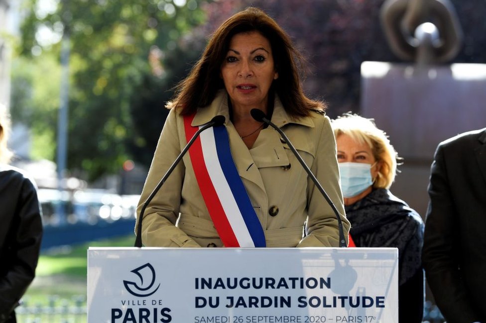 Paris Mayor Anne Hidalgo gives a speech at the inauguration of the Jardin Solitude in Paris, 26 September