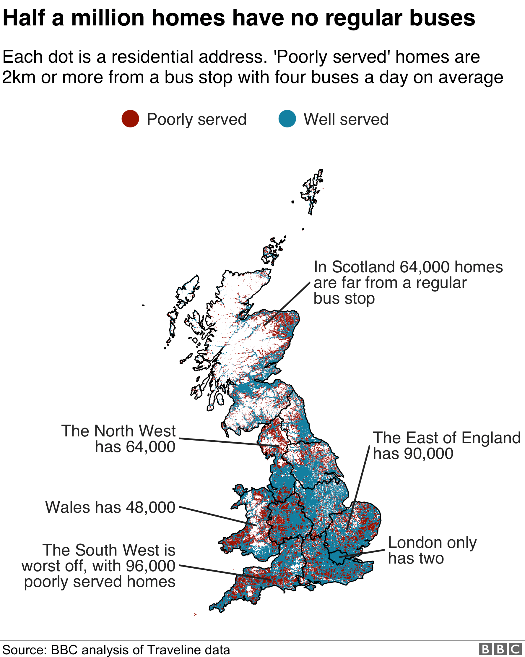 Карта, показывающая районы, где дома не обслуживаются регулярным автобусом