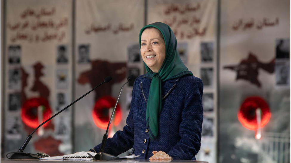Maryam Rajavi seen speaking during a tribute to those killed by the security forces during the uprising in Iran in September 2022 in Albania