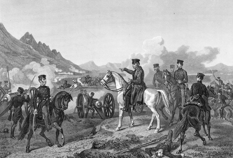 Zacarias Taylor dirige a sus tropas en la batalla de Buena Vista, durante la guerra entre México y Estados Unidos (1846-1848).