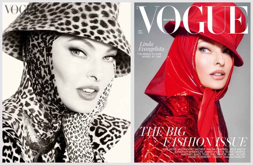Portadas de la revista Vogue donde se ve a Linda Evangelista completamente cubierta, no se le ve ni el pelo, ni las orejas ni el cuello.