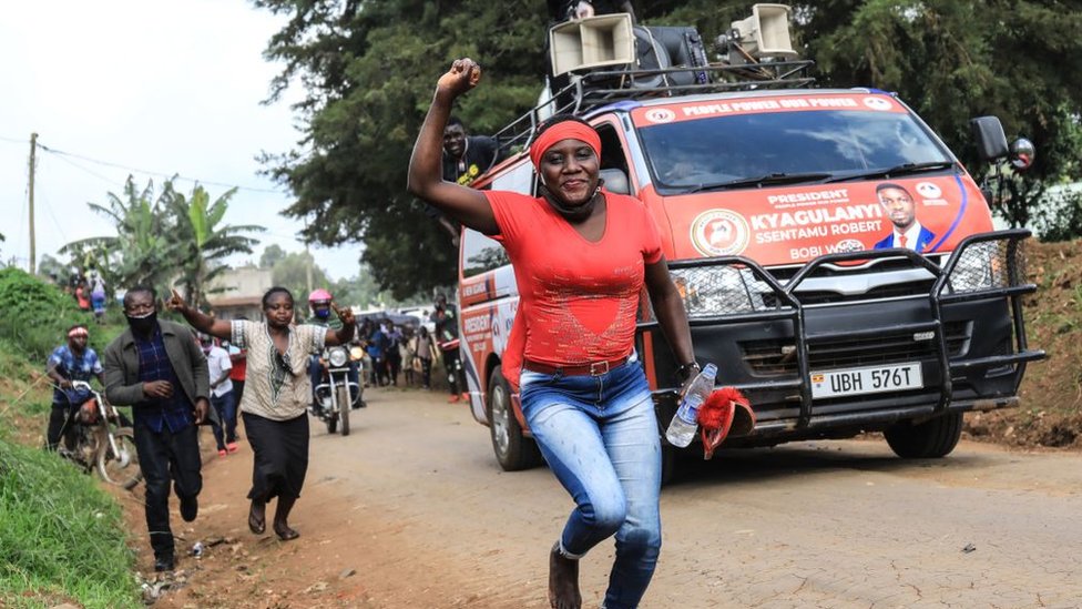 A Bobi Wine supporter at a presidential rally in Uganda, November 2020