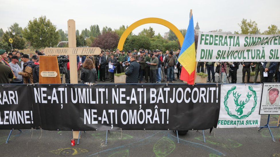 Профсоюзы лесных хозяйств протестовали перед парламентом в Бухаресте в сентябре 2019 года из-за нехватки ресурсов и безопасности