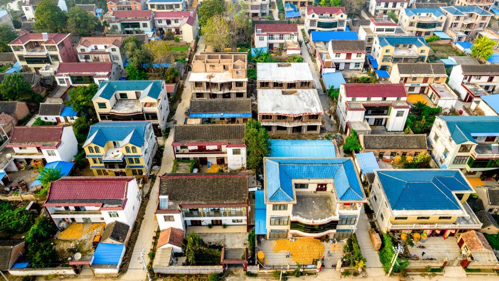 An aerial photo taken of the hometown of Xu Jiayin, chairman of Evergrande Group, in Jutaigang Village, Gaoxian Township, Taikang County, Zhoukou city, Henan Province, China.