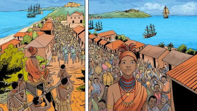 En este cómic realizado por la UNESCO sobre mujeres históricas africanas, se muestra el momento en que Njinga descubrió cómo Luanda se había convertido en uno de los mayores puertos de esclavos del continente. Cómic de la reina Njinga mostrando su llegada a Luanda para negociar con los portugueses