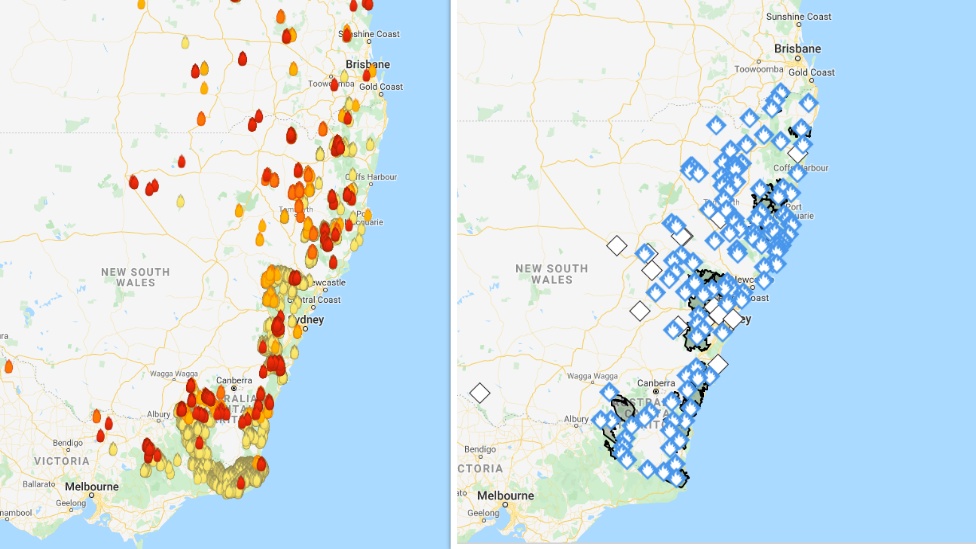 In contrast to MyFireWatch maps (right), blue symbols on New South Wales Rural Fire Service maps (right) give 'Advice' warnings, indicating no immediate danger