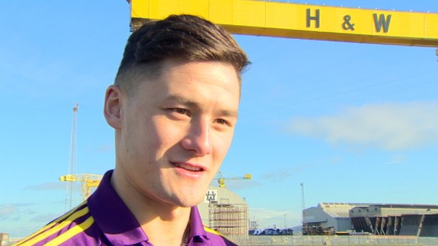Wexford hurler Lee Chin underneath the Harland & Wolff cranes in Belfast as this year's Hurling Leagues was launched on Wednesday