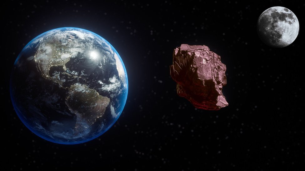 Ilustración de la Tierra, la Luna y un asteroide rojizo
