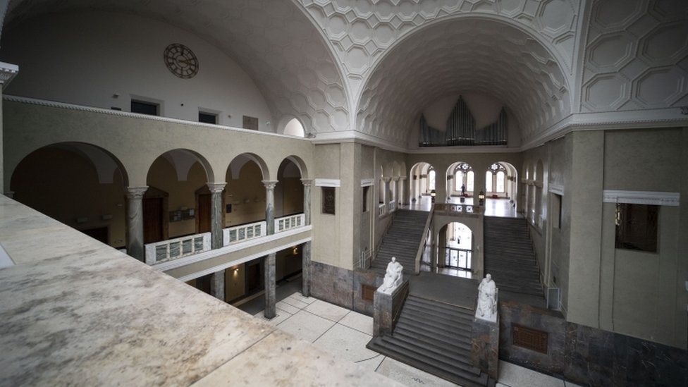 A view inside the atrium of the Ludwig-Maximilians-University where Sophie Scholl distributed leaflets in Munich, Bavaria, Germany, 04 May 2021