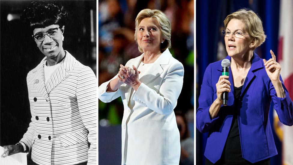 Женщины-демократы, претендующие на пост президента: (слева направо) Ширли Чизхолм, Хиллари Клинтон, Элизабет Уоррен