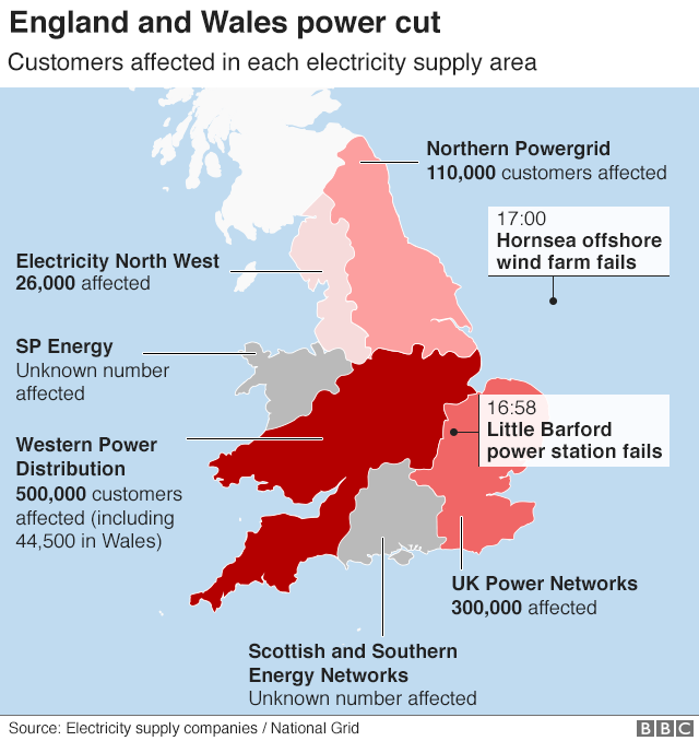 На графике показаны районы Англии и Уэльса, пострадавшие от отключения электроэнергии