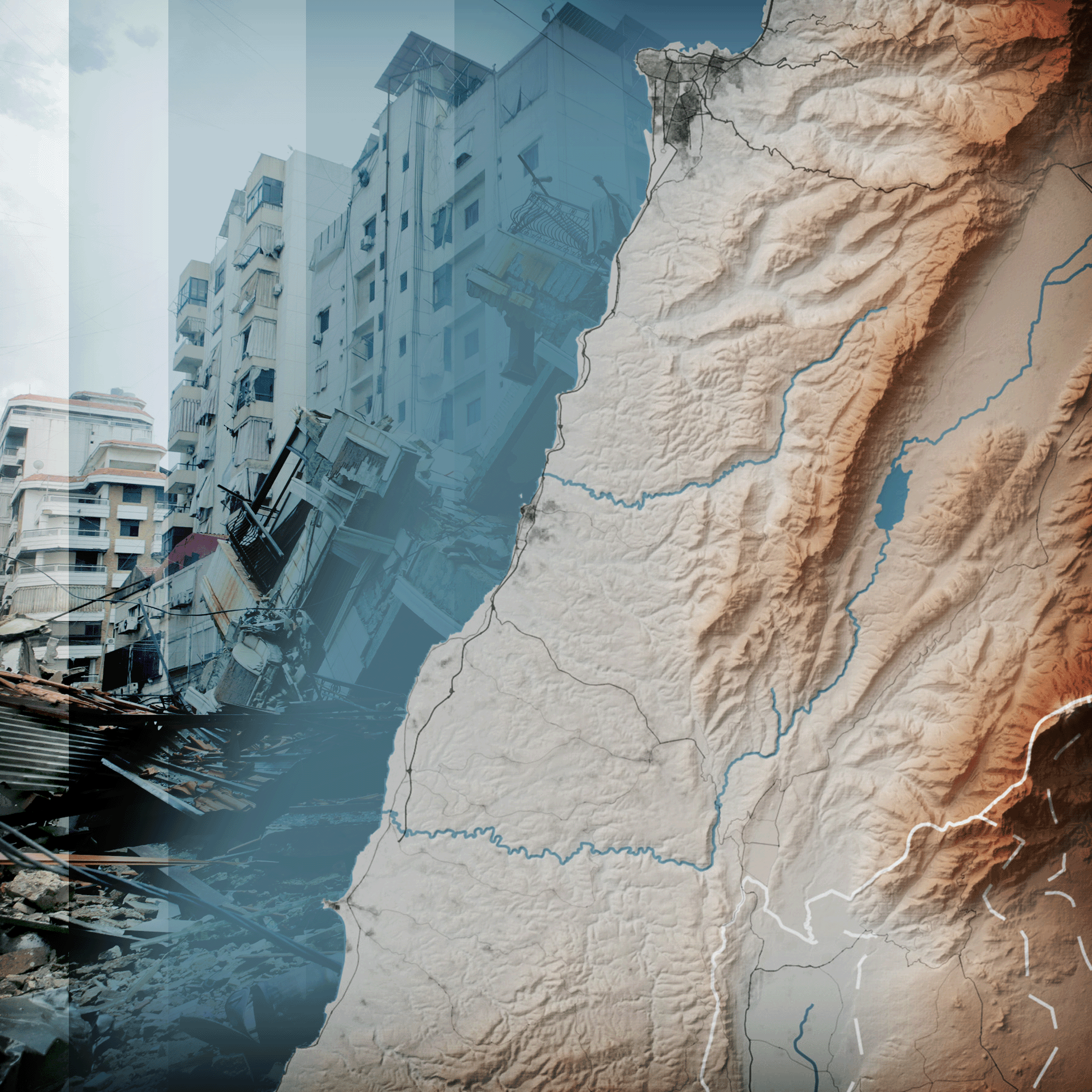 A relief map of Lebanon showing the mountains to the east of Beirut with a photograph of damaged buildings imposed in the background.