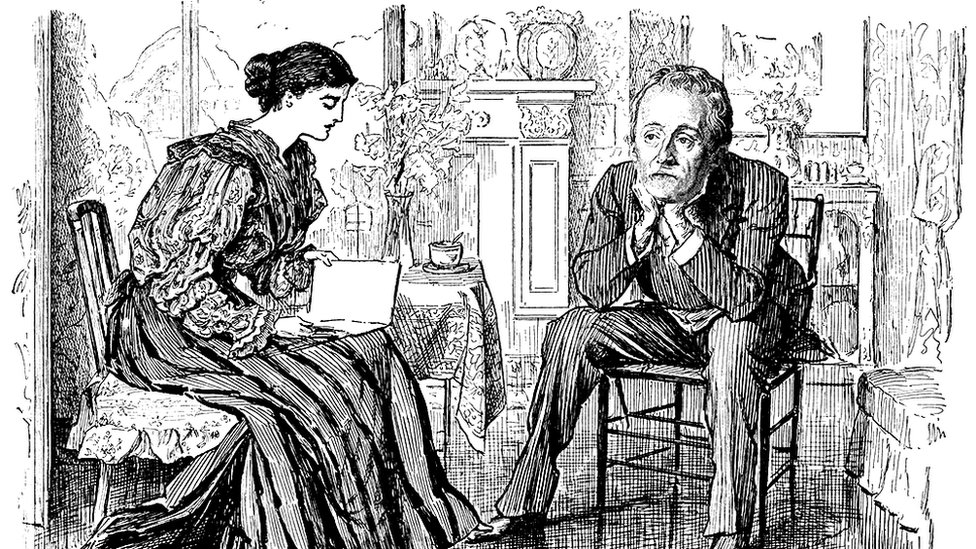 Dibujo de Diderot sentado en una sala junto a una mujer y mirada pensativa.