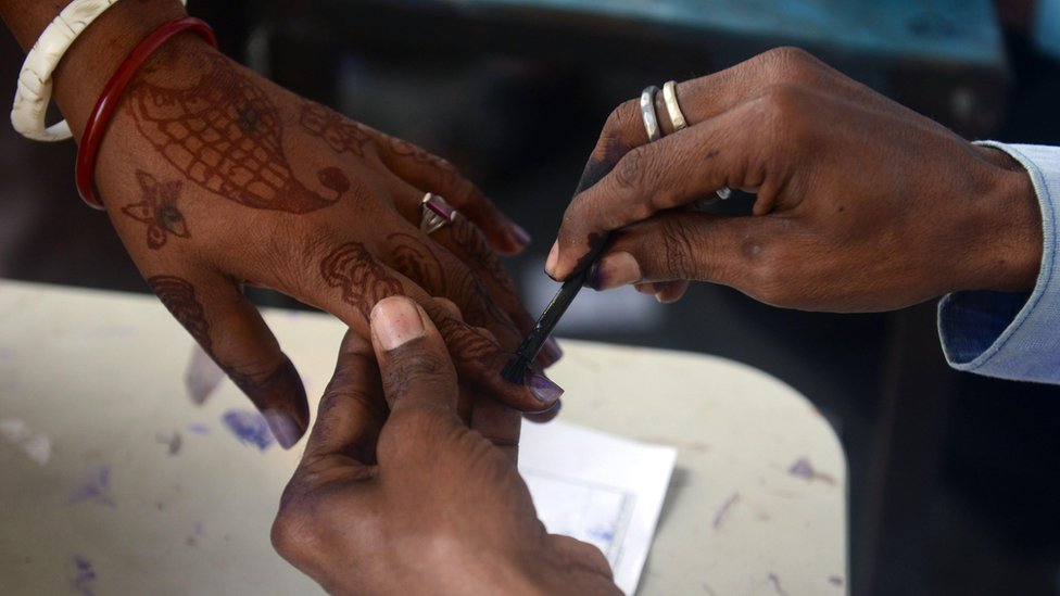 Чиновник выборов наносит тушь на руку женщины-избирателя, Бихар (5 ноября)