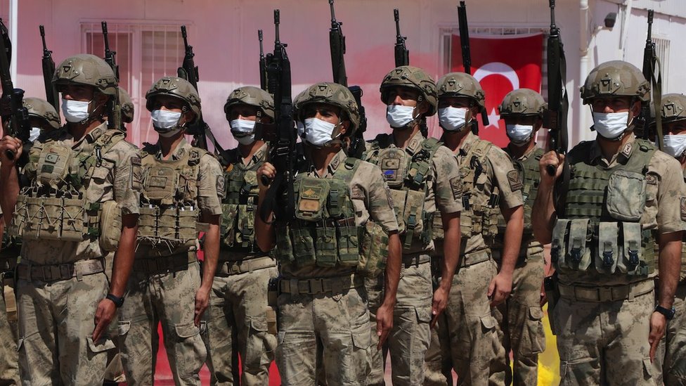 Turkish soldiers during their farewell ceremony ahead of travelling to Syria July 2021