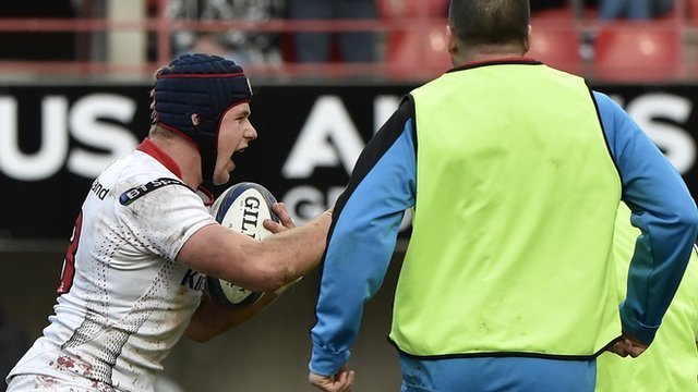 Ulster centre Luke Marshall celebrates his second-half try which put the game out of reach for Toulouse