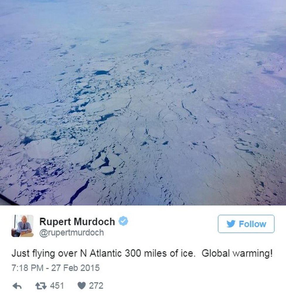 Твит Руперта Мердока показывает атлантический лед и говорит: «Просто пролетая над Северной Атлантикой: 300 миль льда. Глобальное потепление!» - Январь 2015 г.
