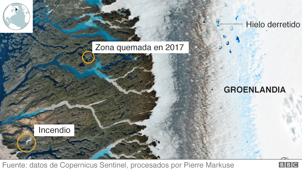 Imagen satelital de la zona quemada en Groenlandia