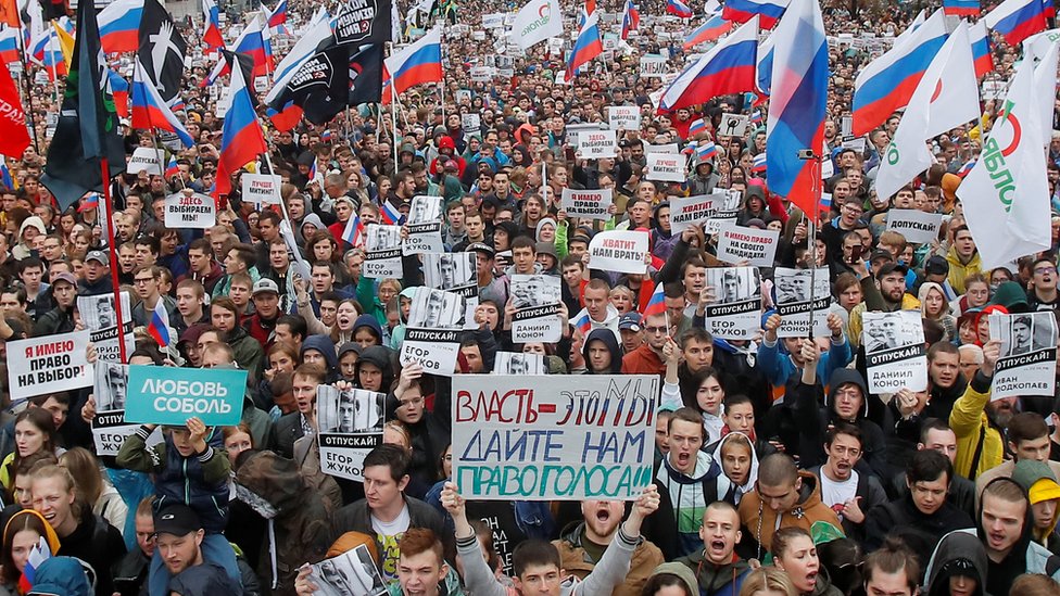 People attend a rally in Moscow on 10 August 2019