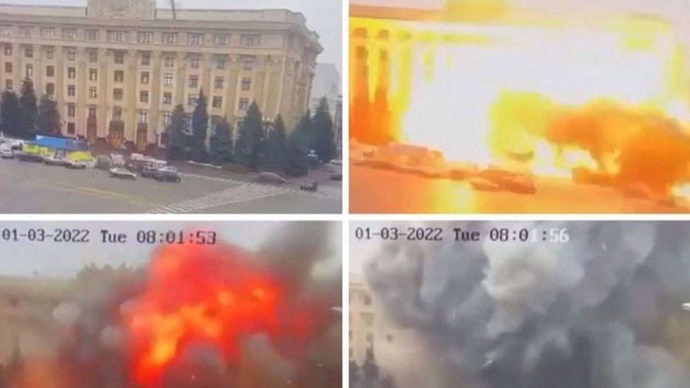 Four photos in a grid showing a building being blown up