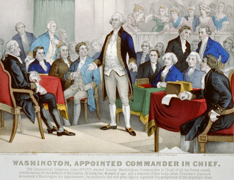Litografía de 1876 en la que se muestra a George Washington nombrado Comandante en jefe por el Congreso continental en 1775.