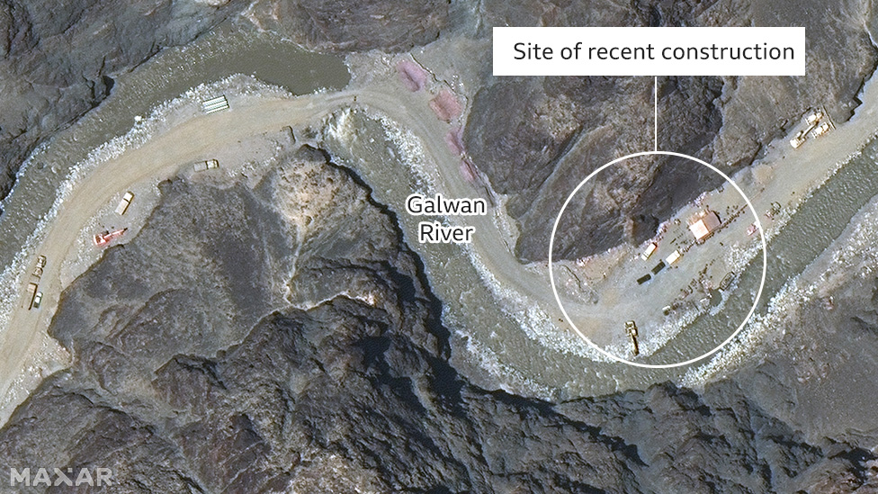 china, india, BBC annotated image of construction in Galwan Valley