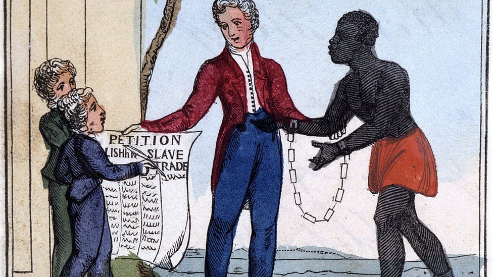 Закованный в кандалы раб умоляет своего хозяина, в то время как двое детей держат прошение об отмене работорговли