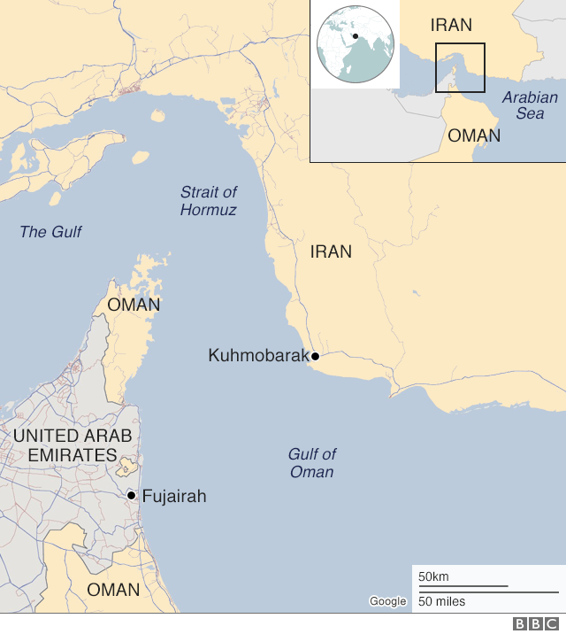 Карта Ирана и Ормузского пролива с изображением Кухмобарака