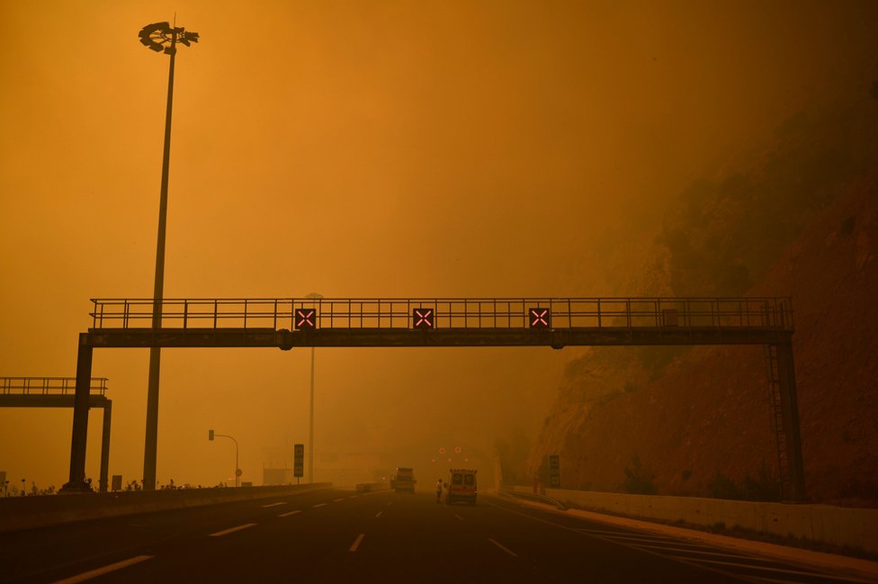 Una barricada evita el paso en una carretera invadida por el fuego y humo en Kineta, cerca de Atenas, el 23 de julio de 2018