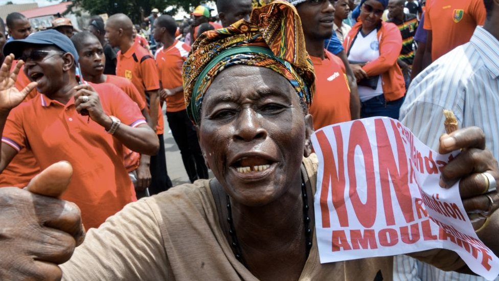 Демонстрант принимает участие в акции протеста против третьего срока гвинейского президента
