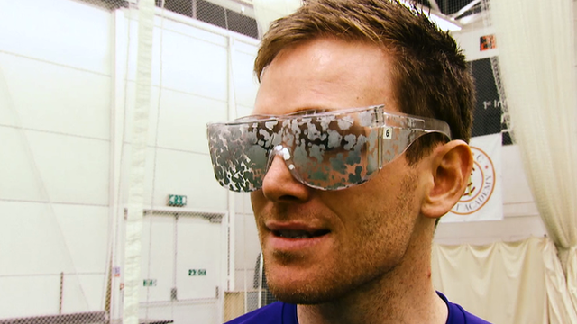 England's Eoin Morgan wears visually impaired glasses