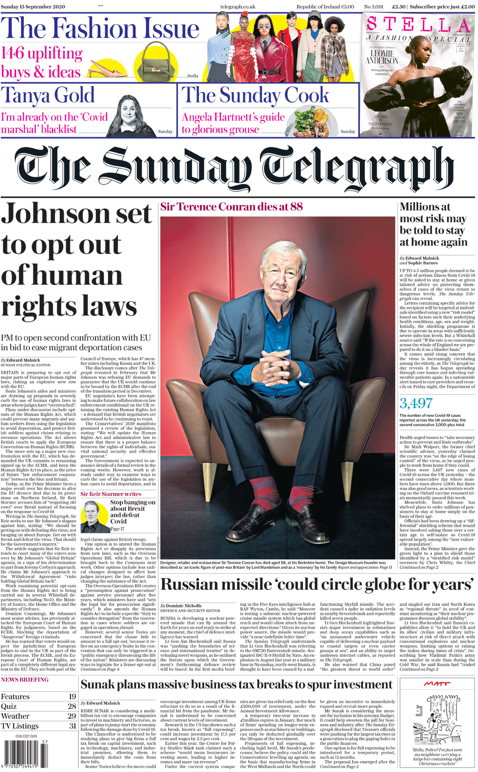 The Sunday Telegraph front page 13 September