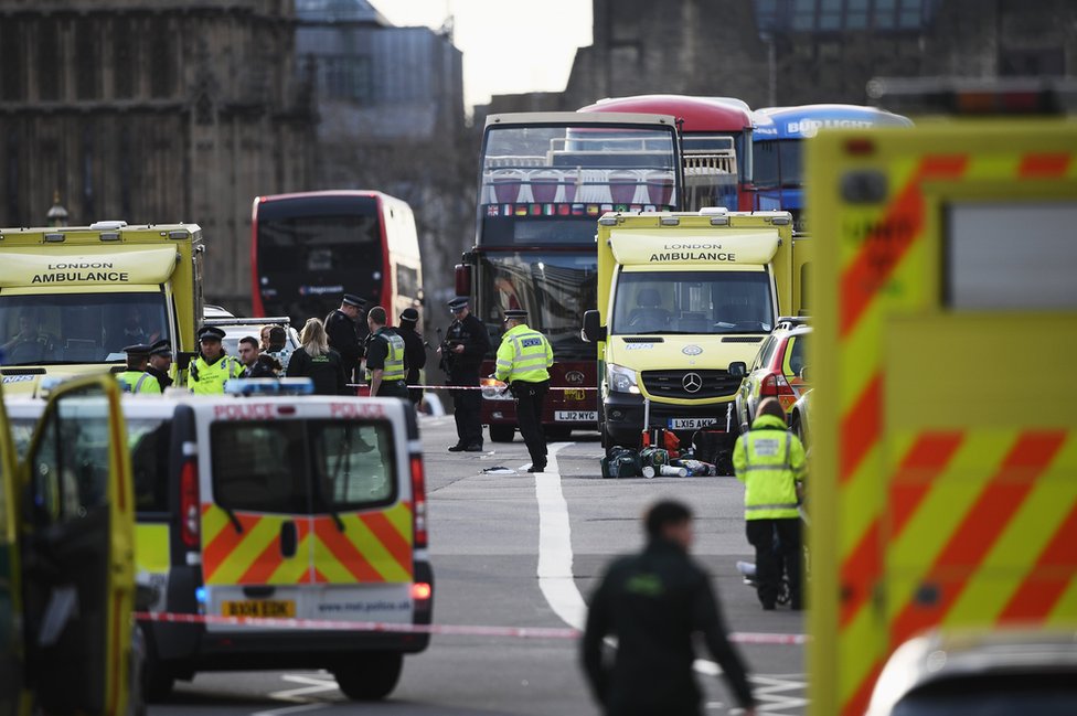 Полиция и парамедики на месте происшествия после атаки в Вестминстере