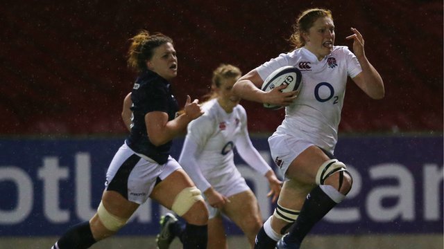 Harriet Millar-Mills of England runs in a try during the Six Nations 2016 match versus Scotland