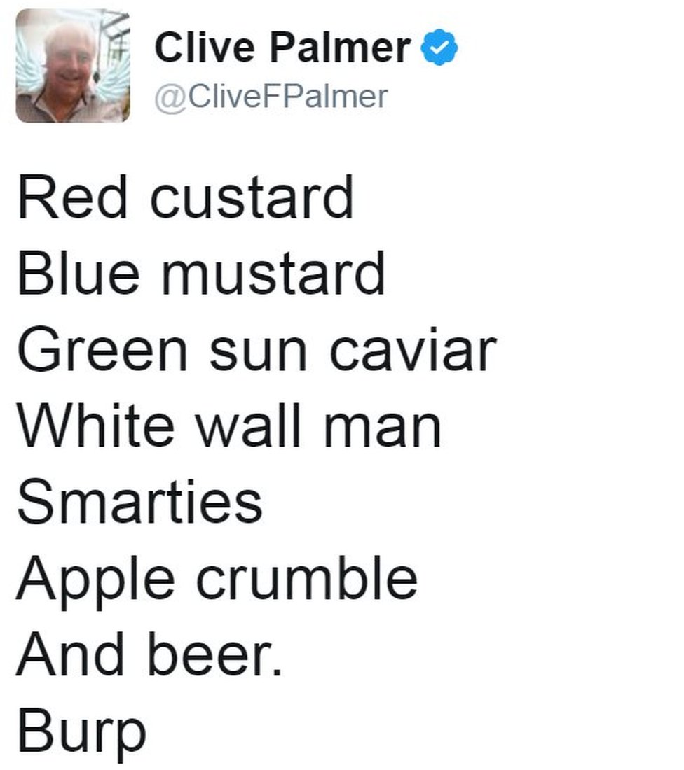 Твит Клайва Палмера гласит: «Красный заварной крем / Синий заварной крем / Зеленая солнечная икра / Человек с белой стеной / Smarties / Apple crumble / И пиво».