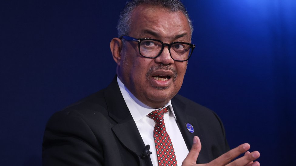 WHO chief Dr Tedros Adhanom Ghebreyesus speaks at a World Economic Forum panel in Davos on 17 January 2024