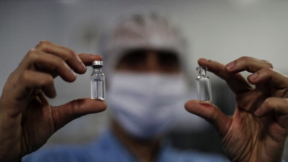 View of two vials with vaccine samples in the BioManguinhos laboratory in Brazil, August 2020