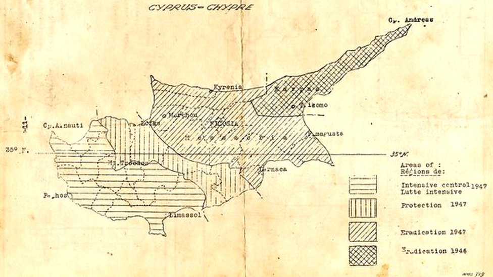 هذه الخريطة لقبرص تُظهر طريقة عمل حملة القضاء على الملاريا في عامي 1946 و1947