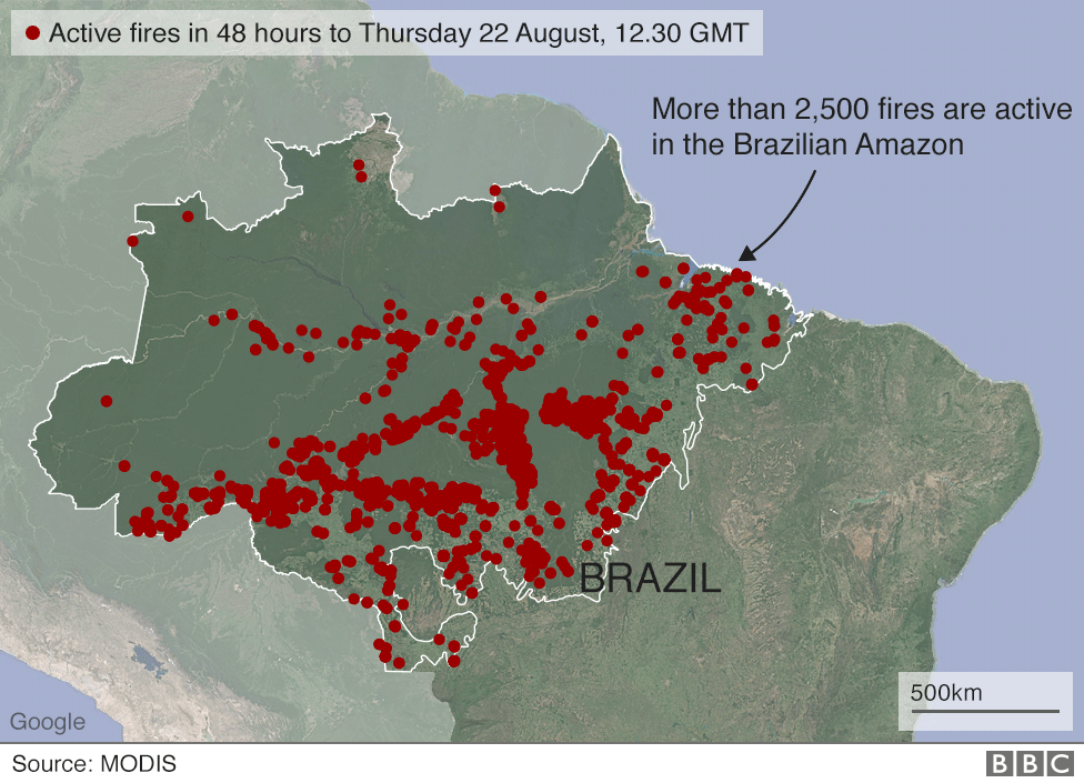 Карта, показывающая активные пожары в бразильской Амазонии