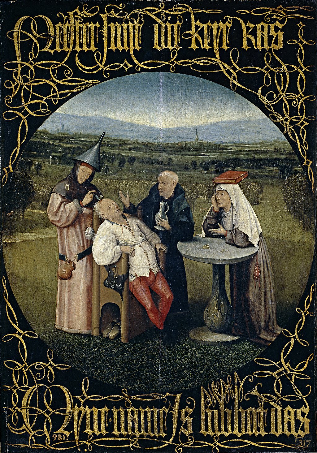 "Extracción de la piedra de la locura", obra hecha por el pintor neerland[es El Bosco entre 1475 y 1480.