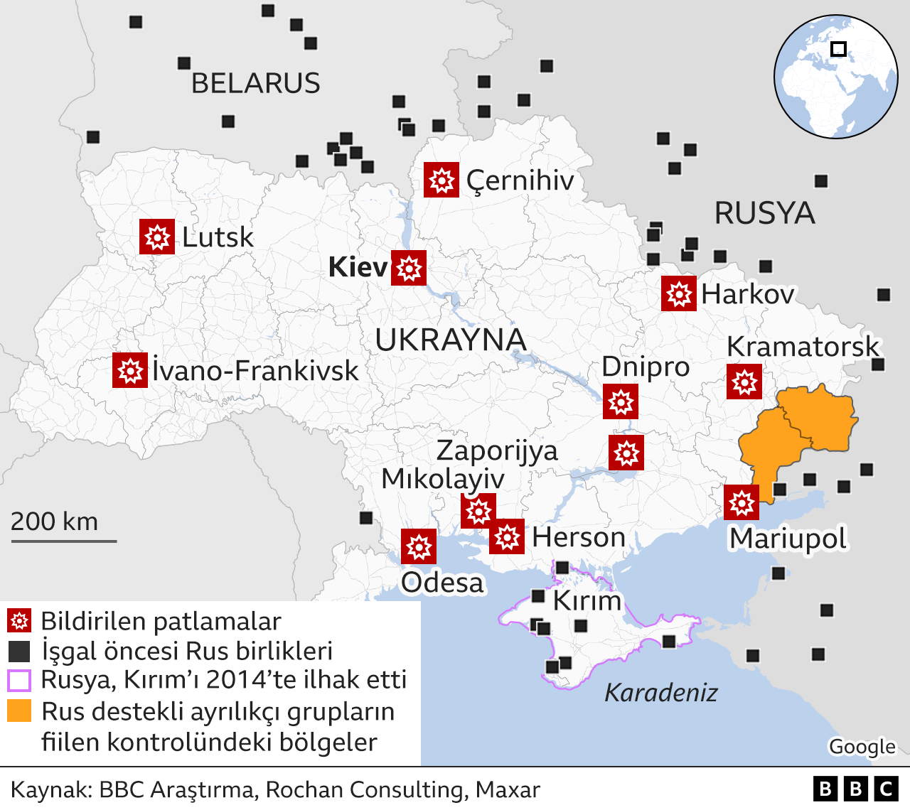 Rusya saldırılarını gösteren harita, 24 Şubat 2022.