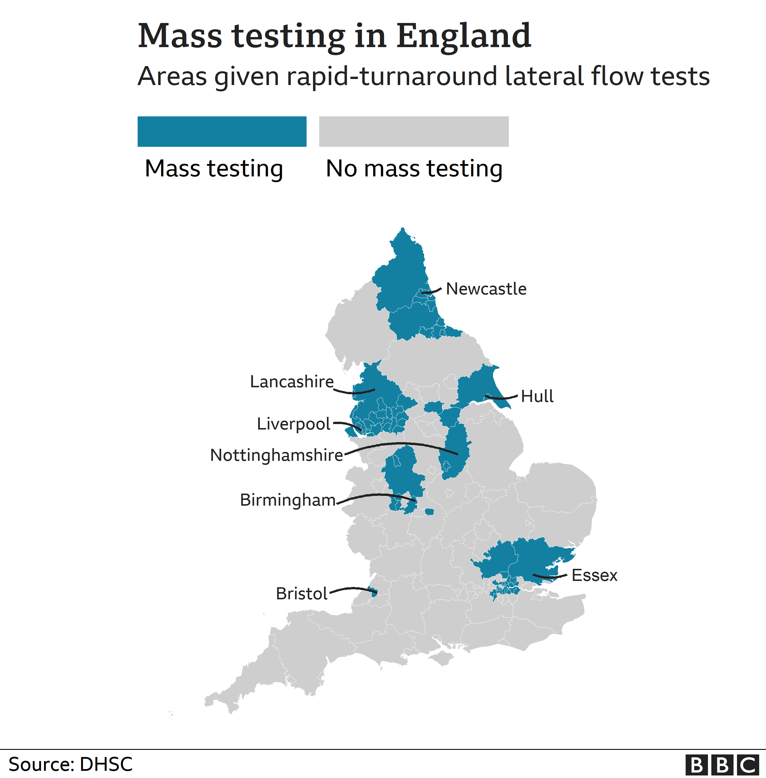 Карта на райони с масови тестове в Англия