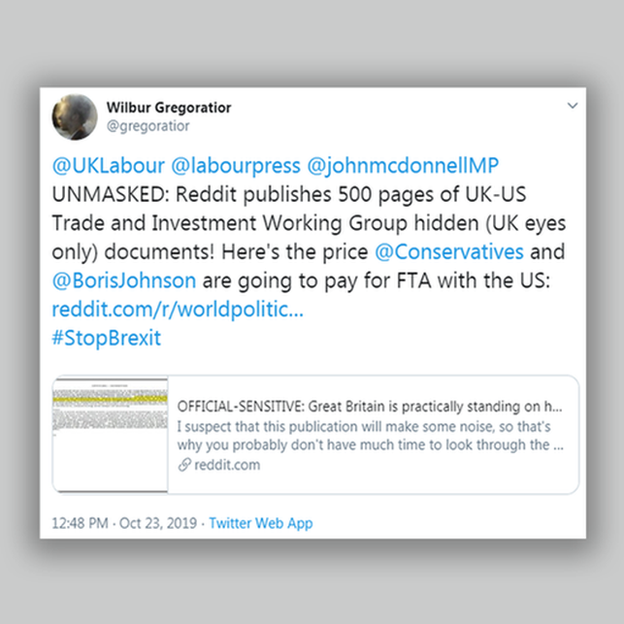 Твит от @gregoratior: «НЕЗАКАЗАНО: Reddit публикует 500 страниц скрытых (только для глаз Великобритании) документов британо-американской рабочей группы по торговле и инвестициям! Вот цена, которую @ Консерваторы и Борис Джонсон собираются заплатить за Соглашение о свободной торговле с США» Плюс ссылка в Reddit.
