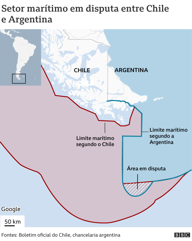 Mapa da plataforma marítima entre Argentina e Chile