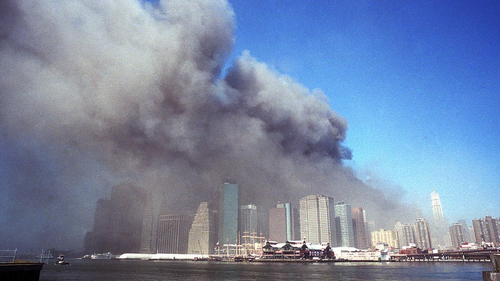 Panoramic image of the 9/11 attacks in Manhattan, New York