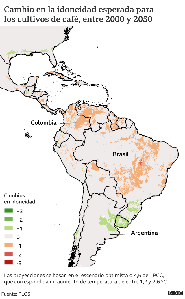 Mapa que muestra cambios en áreas idóneas para cultivar café