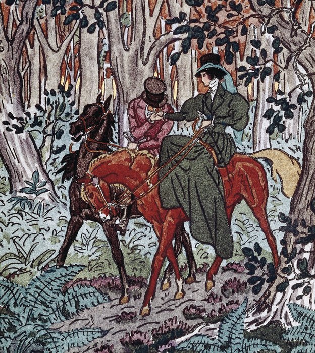 Ilustración para la novela hecha por Pierre Brissaud en 1921 mostrando el paseo por el bosque de Rodolfo y Emma Bovary. Ilustración para la novela hecha por Pierre Brissaud en 1921 mostrando el paseo por el bosque de Rodolfo y Emma Bovary.