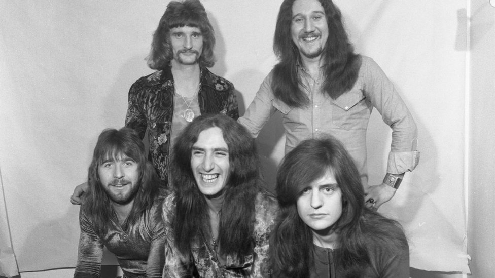 (Left to right) David Byron, Mick Box, Gary Thain, Ken Hensley and Lee Kerslake of Uriah Heep, backstage at Top of the Pop in 1972