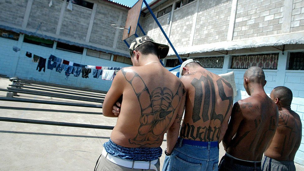 Cuatro miembros de la Mara Salvatrucha con sus tatuajes distintivos.