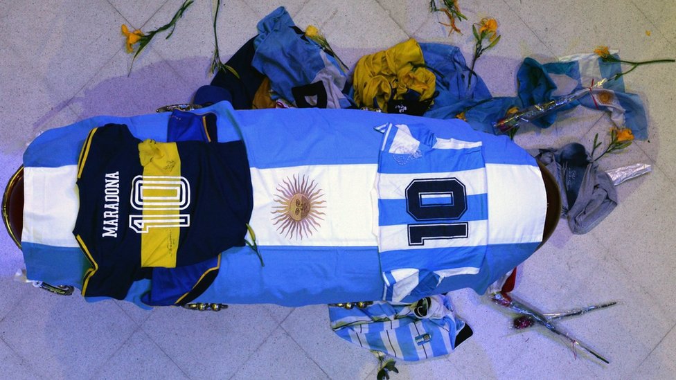 The casket of Argentinean football legend Diego Maradona